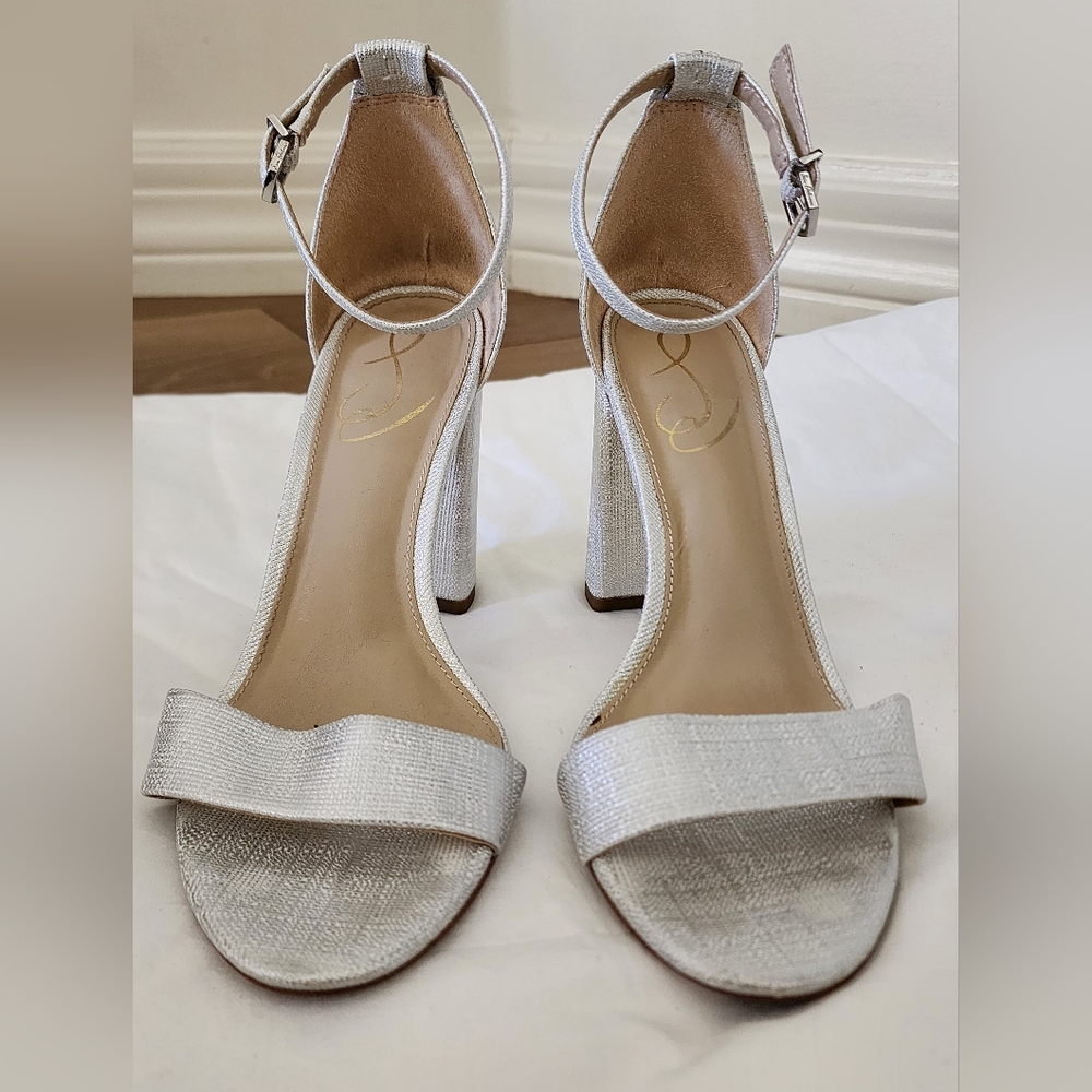 Sam Edelman Yaro Ankle Strap Sandal block Heel jute glam silver mesh dressy